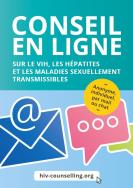 Illustrationen einer Chatblase und Email. Titel "Conseil en ligne sur le VIH, les Hépatites et les maladies sexuellement transmisibles""