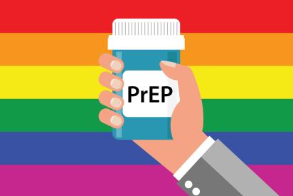 Pill Bottle over Gay Flag with label "PrEP" (stands for Pre-Exposure Prophylaxis). PreP treatment is used to prevent HIV infection.