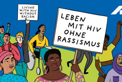 Bunte Grafik einer Demonstration mit den Schildern: Leben mit HIV ohne Rassismus; living with HIV without racsim; vivre avec le VIH mais sans racisme. Oben rechts das Logo der Deutschen Aidshilfe