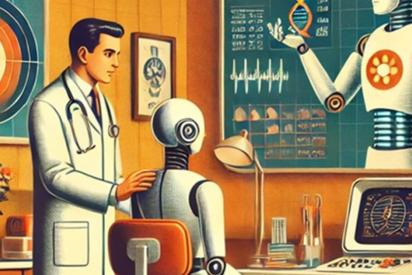 Illustration Roboter am Schreibtisch, daneben steht ein Mensch im Arztkittel