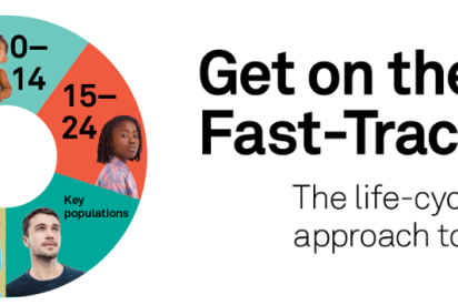 Das Cover des UNAIDS-Berichtes trägt den Schirftzug "Get on the Fast-Track. The life cycle approach of HIV." In einer Kreisdarstellung sind verschiedene Altersgruppen (0-14, 15-24, 25-49 und 50+) markiert sowie ein Bereich für die "Key Populations".